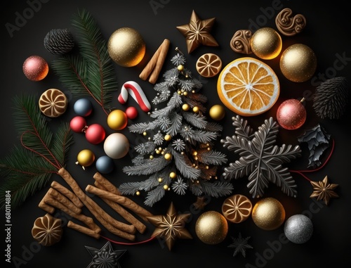 New Year background with Christmas decorations Top view