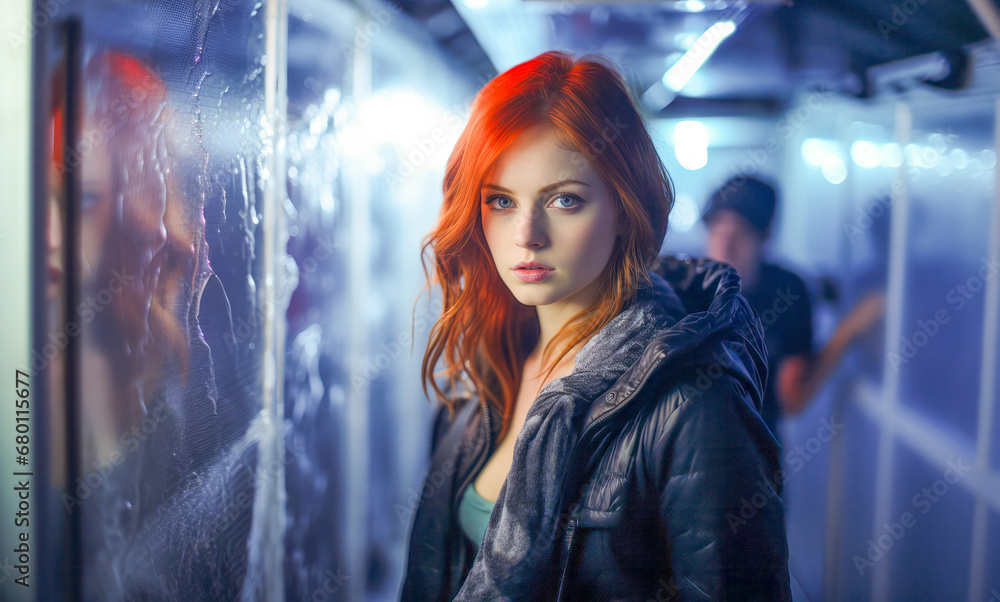 Redhead woman in icy, blue room with condensation. Redhead woman in icy, blue room with condensation.