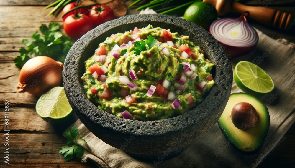 High-quality image of creamy avocado guacamole in a traditional molcajete, mixed with onions, tomatoes, lime, and cilantro.
