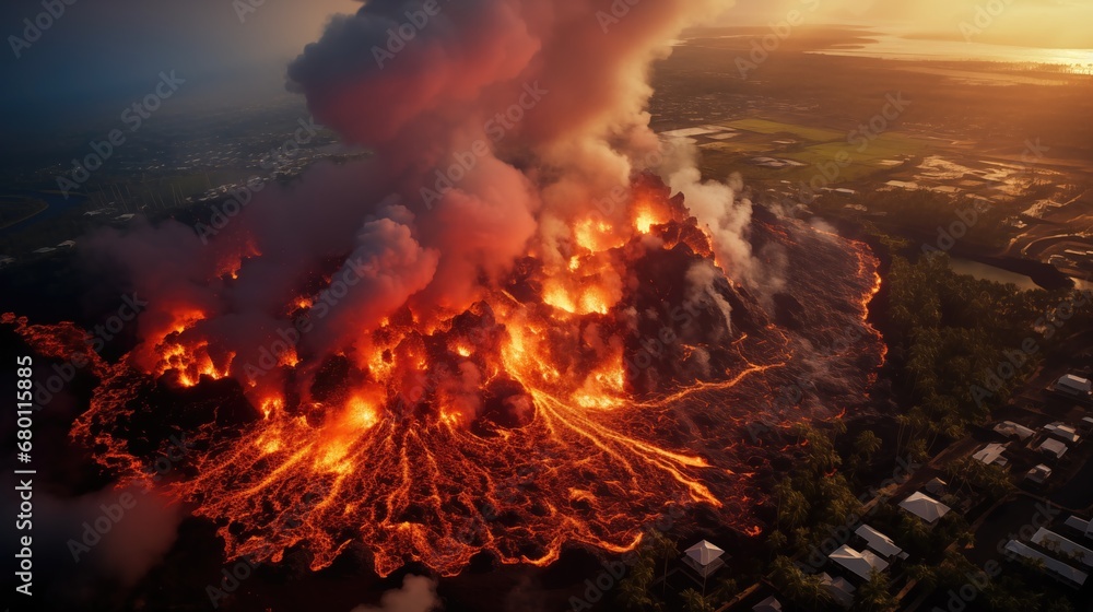 cityscape affected, aerial view of volcanic eruption's impact