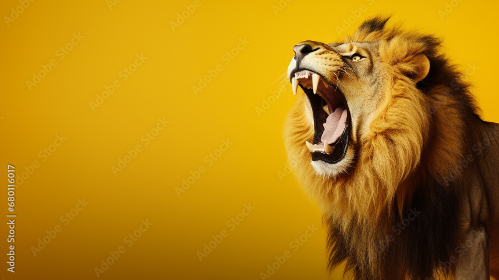 Portrait of a graceful roaring lion's face. - obrazy, fototapety, plakaty 