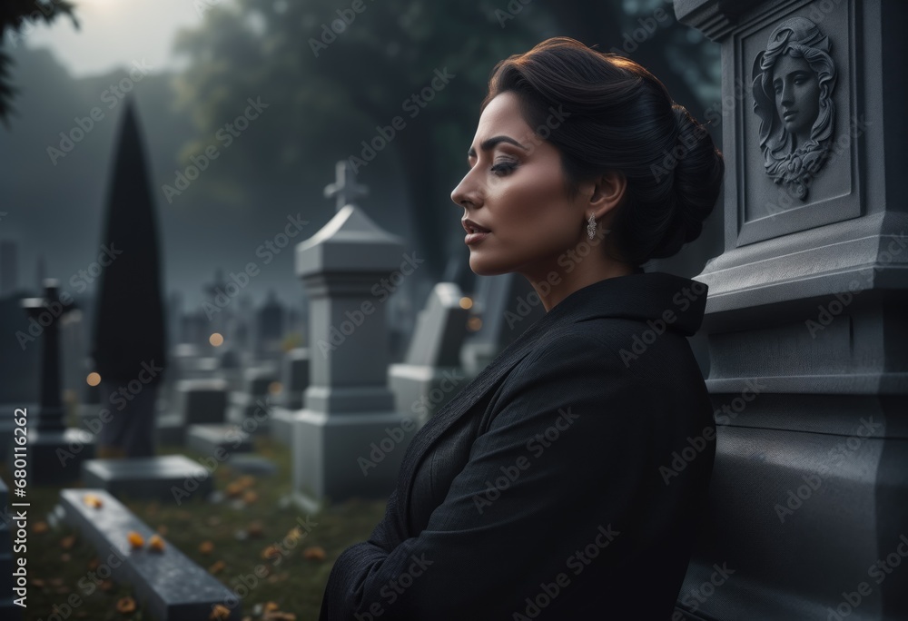 portrait of a sad latin woman at a cemetery