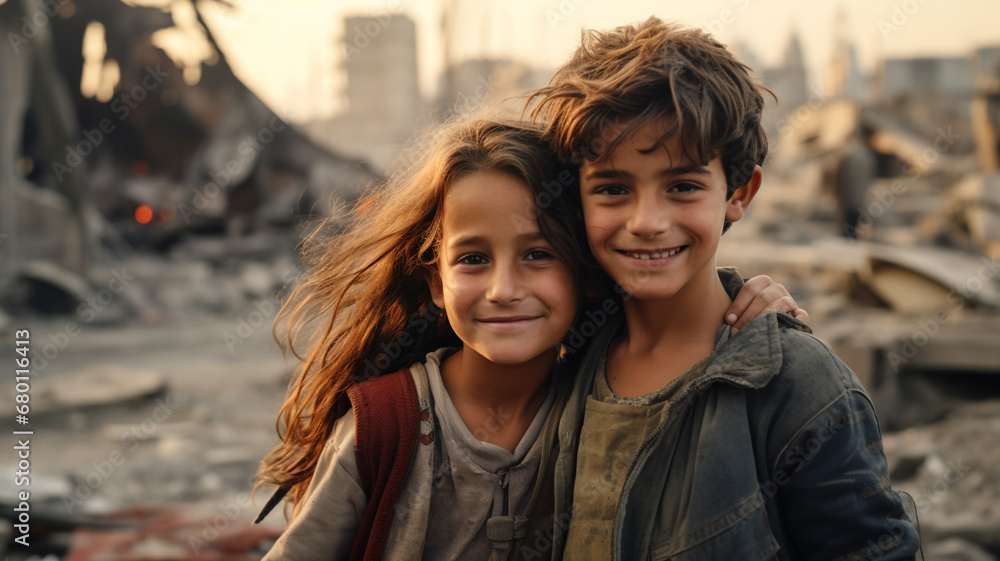 Arab boy and girl smile at city destroyed in war - obrazy, fototapety, plakaty 