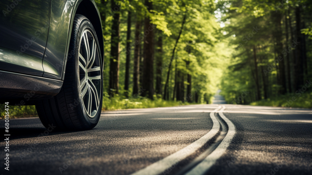 Tires on the asphalt road, Low angle side view of car. - safety road trip concept.