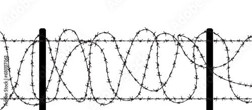 Barbed seamless wire vector fence barbwire border chain. Prison line war barb background metal silhouette. photo