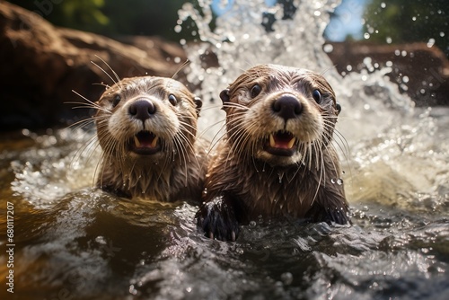 Close-up shot of a pair of river otters swimming in the water © Alisha