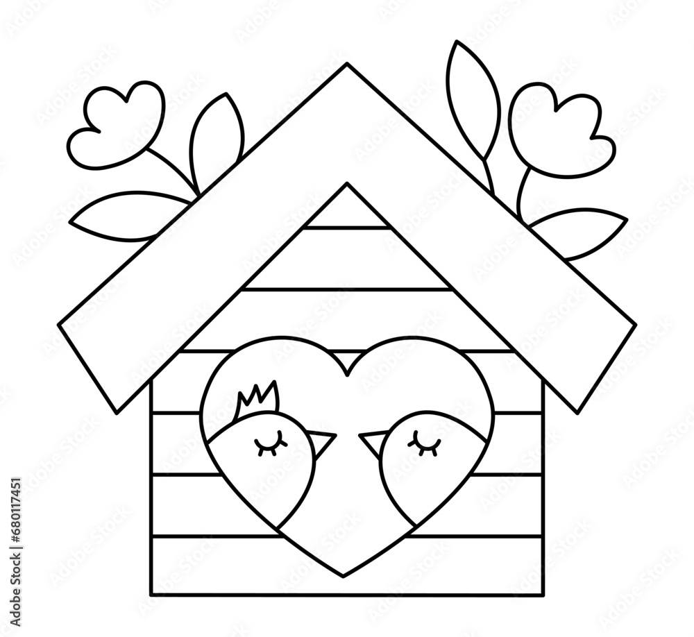 Vector black and white kawaii bird house with pair of birds in heart ...