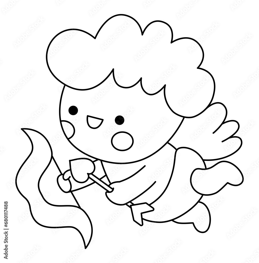 Fototapeta premium Vector black and white kawaii cupid icon with wings, bow and arrow. Line amour isolated clipart. Cute angel illustration. Funny Saint Valentine day coloring page for kids with love concept.