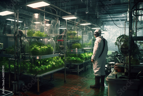 Food, agriculture, science, environment, sci-fi concept. Scientist growing future food in laboratory. Green vegetables growing in futuristic containers or greenhouses surrounded with various equipment