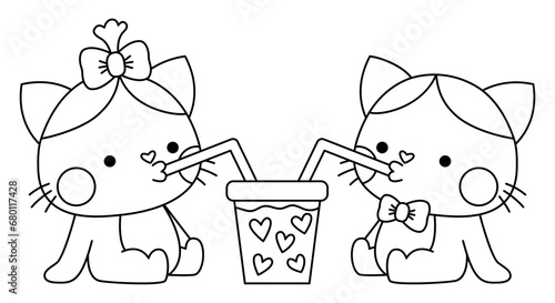Vector black and white kawaii cat pair drinking bubble tea. Line kitties isolated clipart. Cute kitten outline illustration. Funny Saint Valentine day coloring page for kids with love concept.