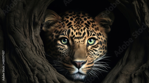 portrait of a leopard emerging from the shadows created with Generative AI technology