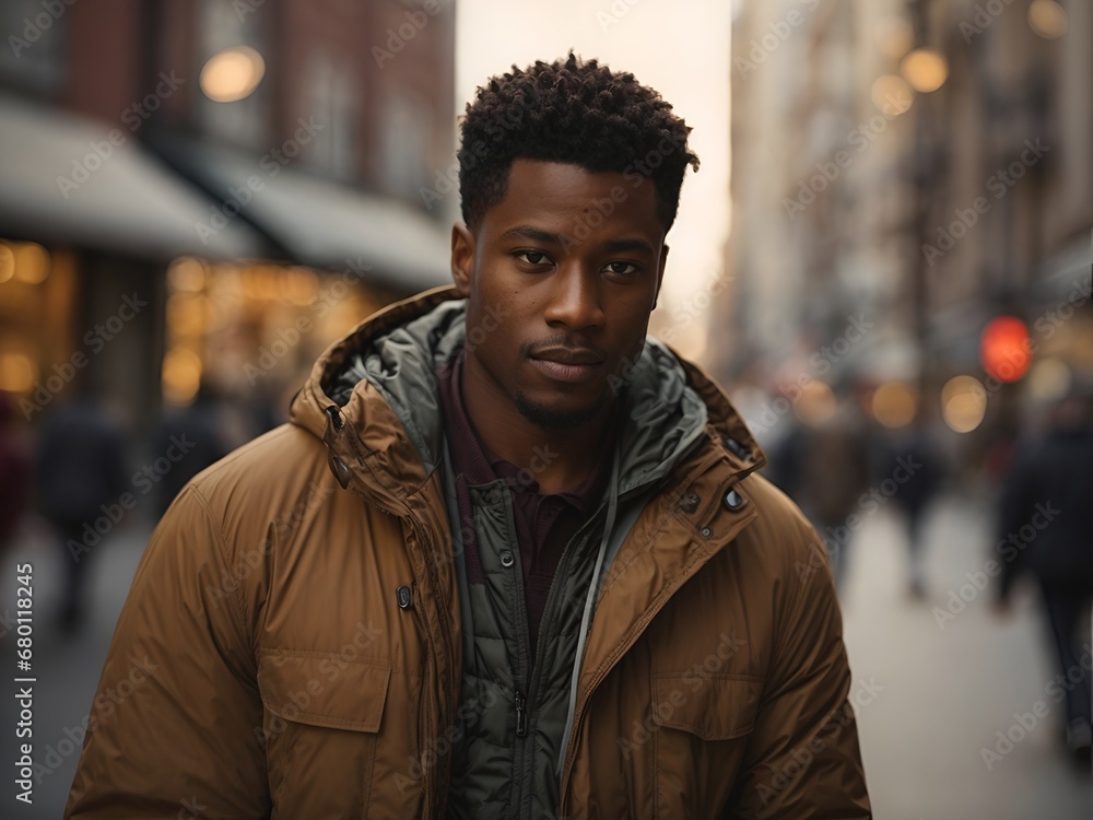 Image of an African American man walking through the city, engrossed in his smartphone, captured in a candid moment Image of an African American man walking through the city, engrossed in his smartphone, captured in a candid moment