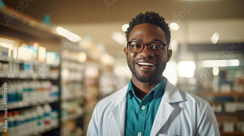 Courteous smiling black pharmacist in white coat assists clients in pharmacy providing advice and help with medications, knowledgeable pharmacist care of customers health photo