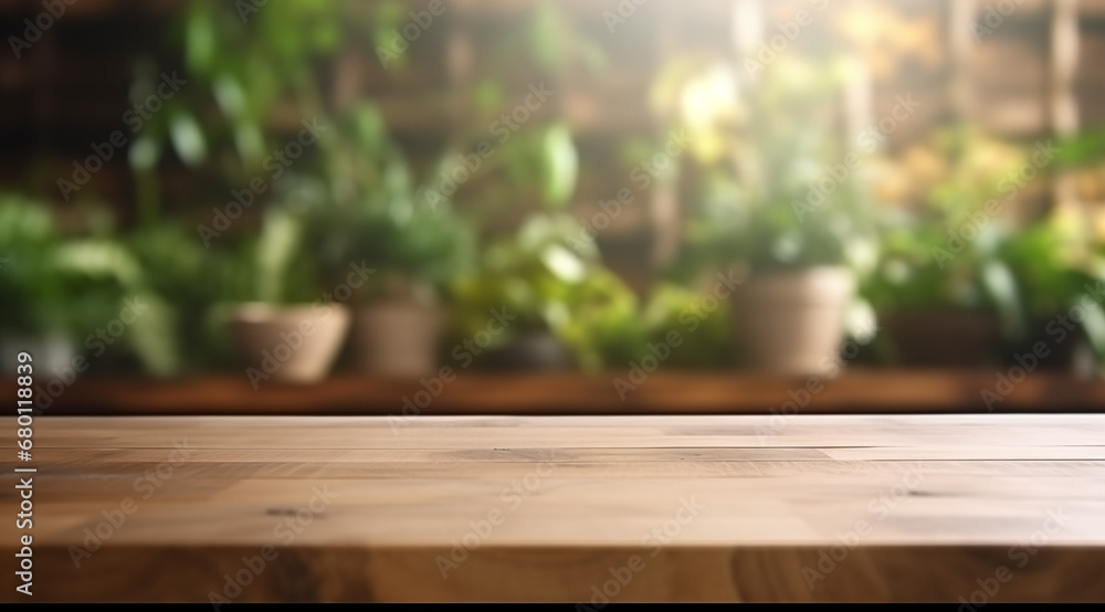 Wooden table on the background of plant