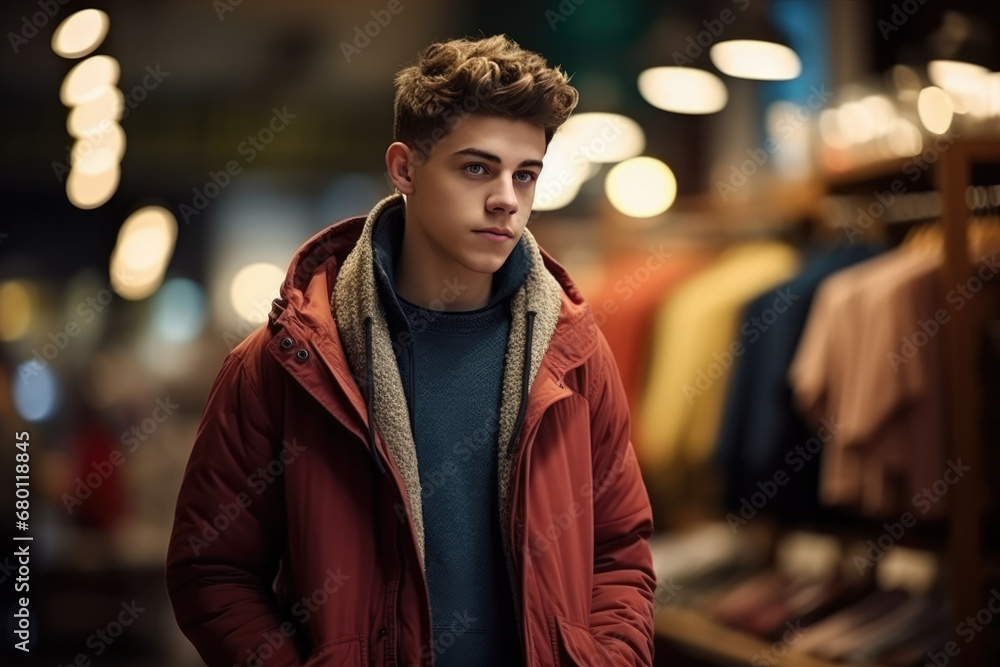 Handsome young man in a red jacket in clothing store or shop Handsome young man in a red jacket in clothing store or shop