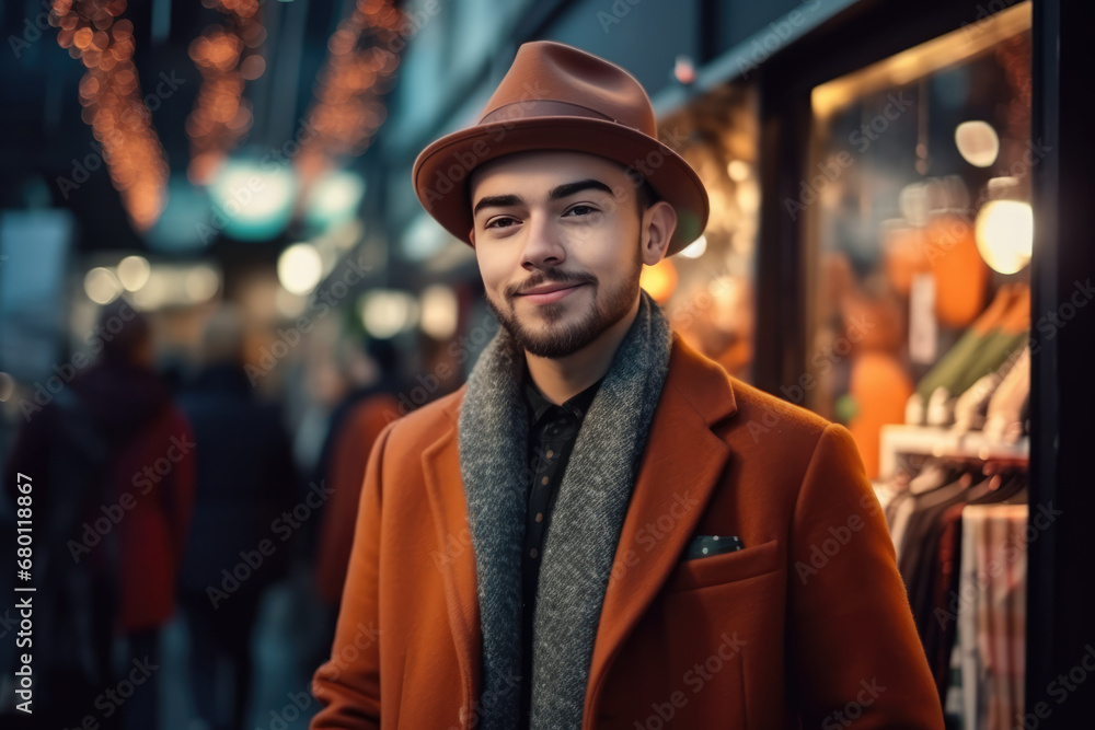 Portrait of a handsome young man in an orange coat, scarf and hat on a city street background Portrait of a handsome young man in an orange coat, scarf and hat on a city street background
