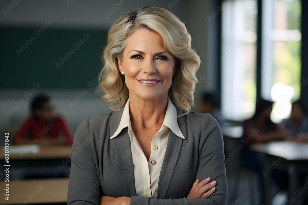 portrait of senior female teacher in classroom portrait of senior female teacher in classroom