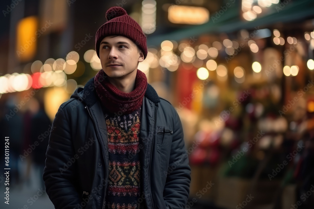 Portrait of a handsome young man in winter clothes on Christmas market