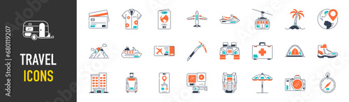 Travel icon set. Summer vacations and holiday symbol vector illustration. Collection of traveling and tourism elements.	
