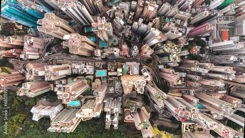 Top View Hyperlapse of Hong Kong City in the Mornin, Aerial view city streets, Establishing shot for Innovation technology and transportation Concept