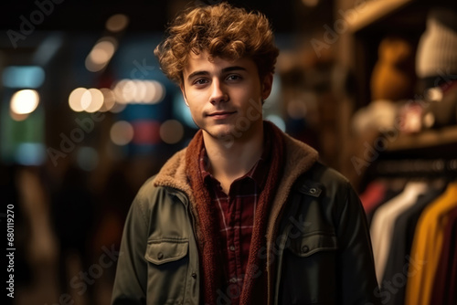 Portrait of Handsome Young Man with curly hair in the City Street at night