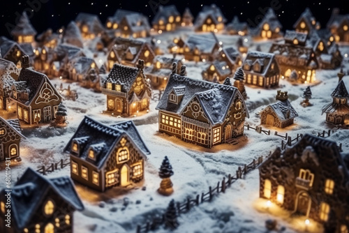 Aerial view, fairytale village, houses made of gingerbread. Gingerbread houses in winter.