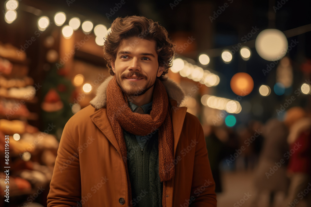 Portrait of a handsome young man wearing coat and scarf at Christmas market. Winter and Christmas Shopping