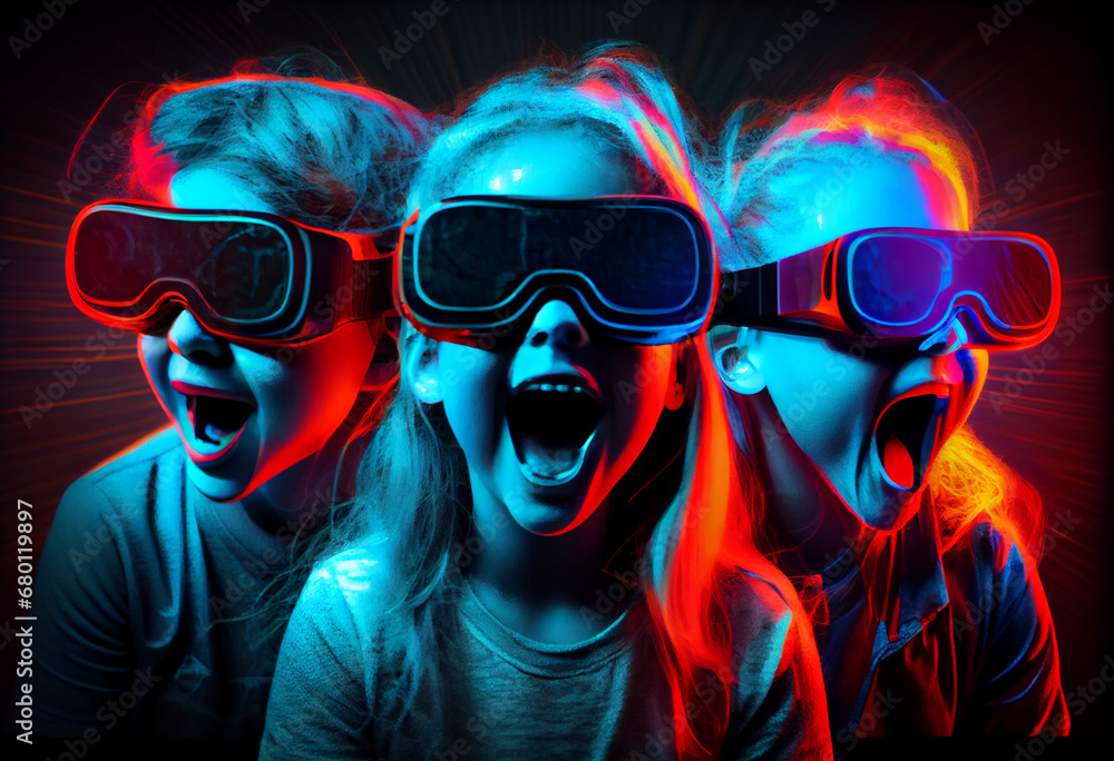 Three teenage kids have fun watching computer animation in virtual reality glasses. Festival neon background. AI generated.