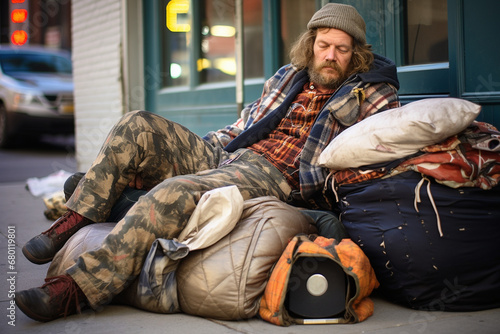 Portrait of a homeless man with a dog on the sidewalk in the city.