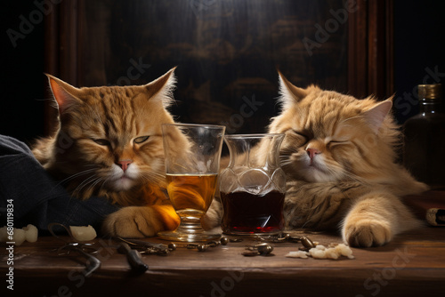 The cat sleeps on the table next to a glass of whiskey or cognac.