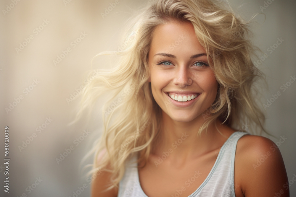 The portrait of a beautiful female model with curly blonde hair and blue eyes in white top smiles to a camera shot indoors. Generative AI. The portrait of a beautiful female model with curly blonde hair and blue eyes in white top smiles to a camera shot indoors. Generative AI.