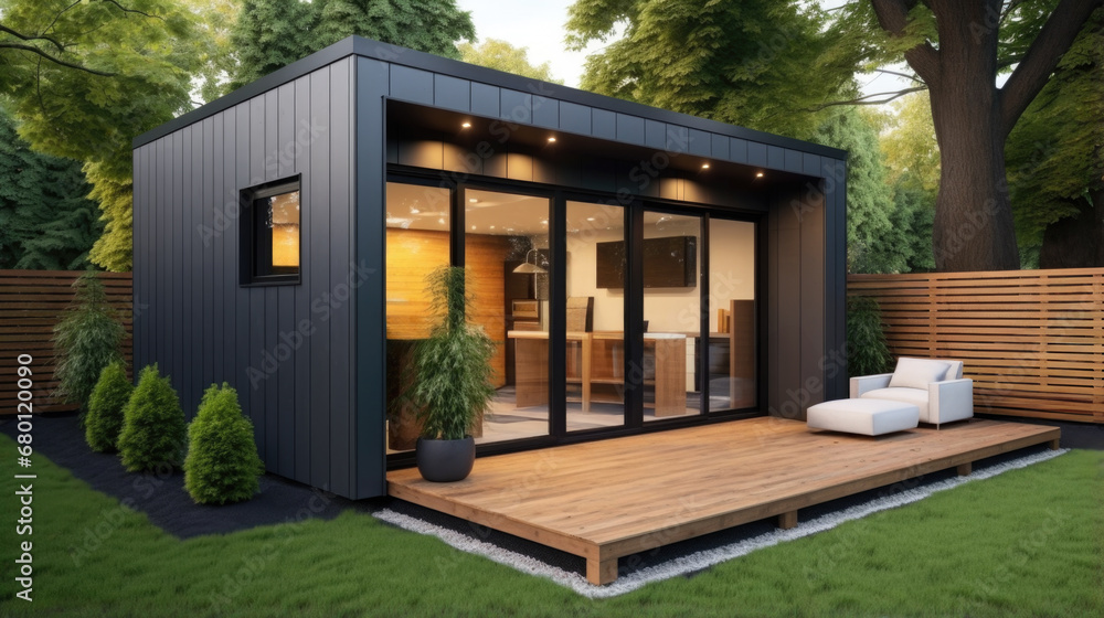 Modern house Backyard cottage, minimalistic design exterior. Working