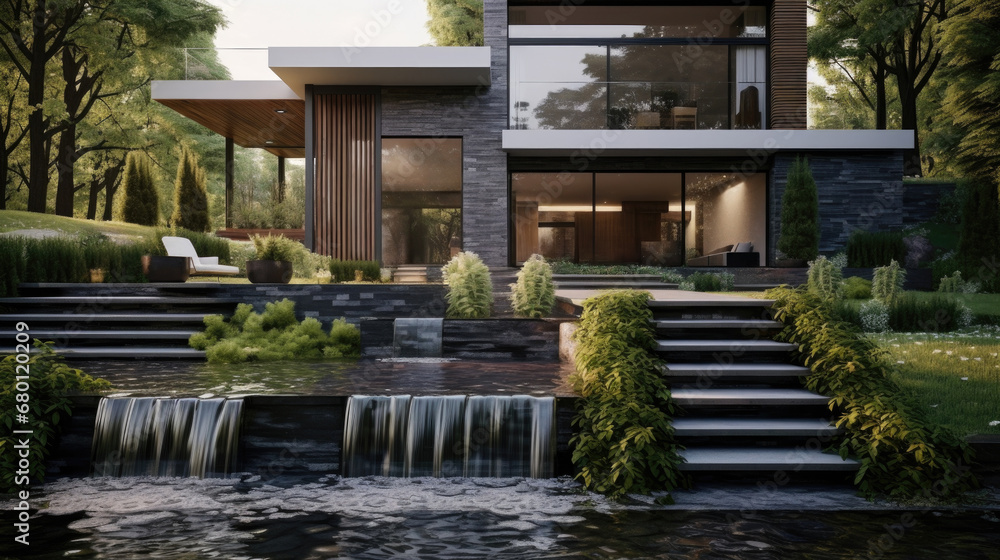 Modern house cottage, minimalistic design exterior. waterfall framed