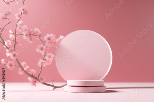 3D background, pink podium display. Sakura pink flower tree branch shadow. Cosmetic or beauty product promotion step floral pedestal. Abstract minimal, Generative AI © Focal Imaging