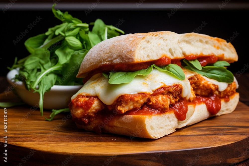 Sandwich with chicken and cheese on a wooden board, homemade or dish from the restaurant menu. Sandwich with chicken and cheese on a wooden board, homemade or dish from the restaurant menu.