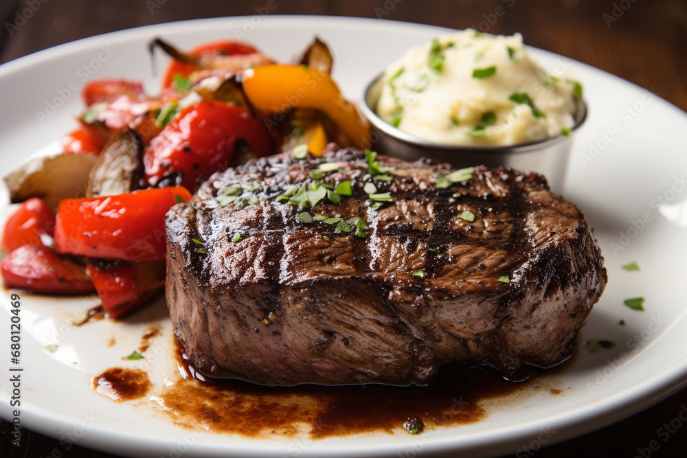 Filet mignon steak with baked vegetables.