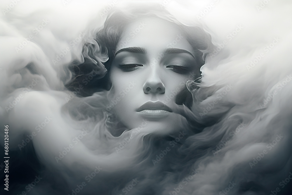 Portrait of a woman in the style of black and white looking down covered in mist/fog. Ai generated background. - obrazy, fototapety, plakaty 