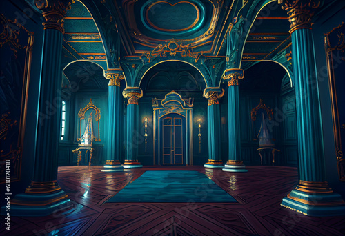 Photorealistic interior of a castle or palace decorated with turquoise malachite ornamental stone and gold. AI generative.