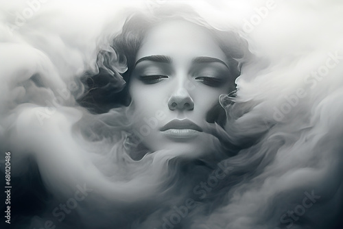 Portrait of a woman in the style of black and white looking down covered in mist/fog. Ai generated background. photo