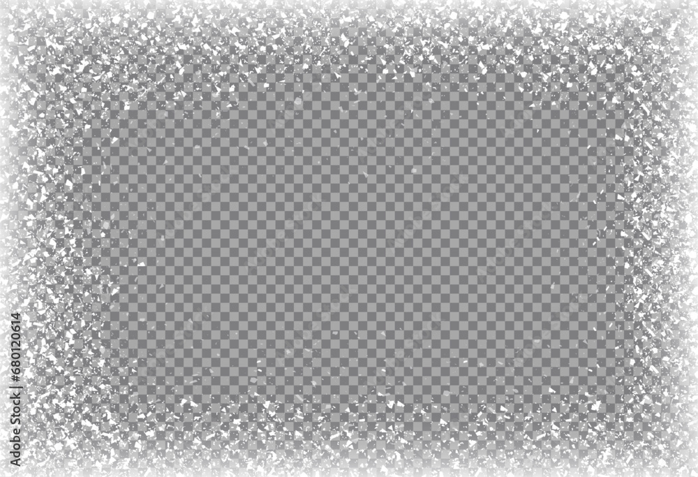 Snow frame border frost winter transparent background vector christmas white crystal blizzard. Snow frost effect frame design. - obrazy, fototapety, plakaty 