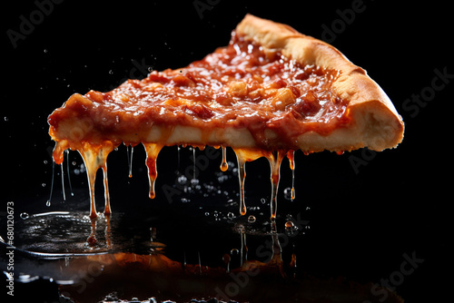 A slice of pizza with water dripping off of it. Generative AI