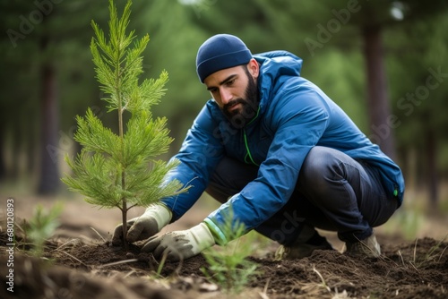 Middle-Eastern man in bright blue, planting a pine sapling, cloudy day. The man in a bright jacket kneels to plant a green sapling.