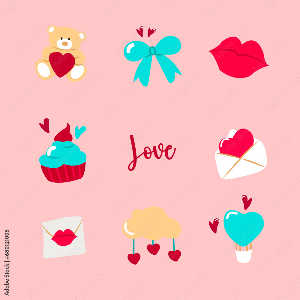 set of valentine icons with hearts