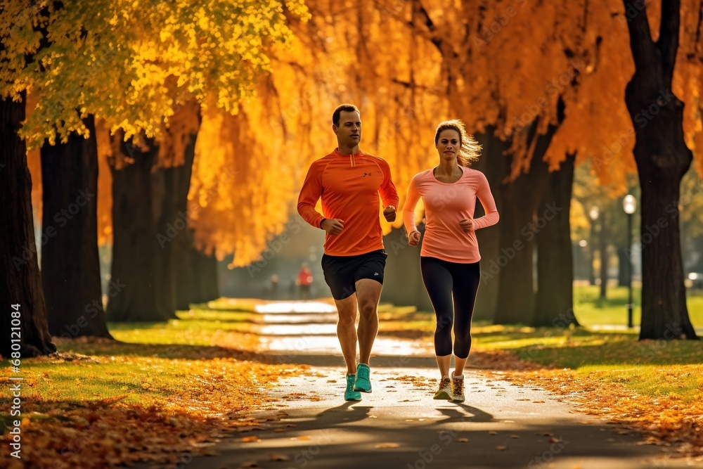 couple jogging in autumn park couple jogging in autumn park