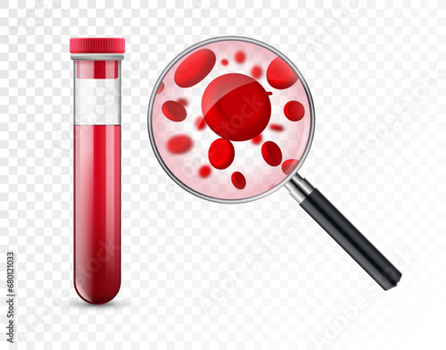 Hematology concept with red blood cell tube laboratory analysis flat examine. Hematology blood red cell liquid.