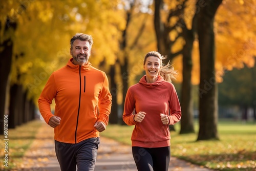 couple jogging in autumn park