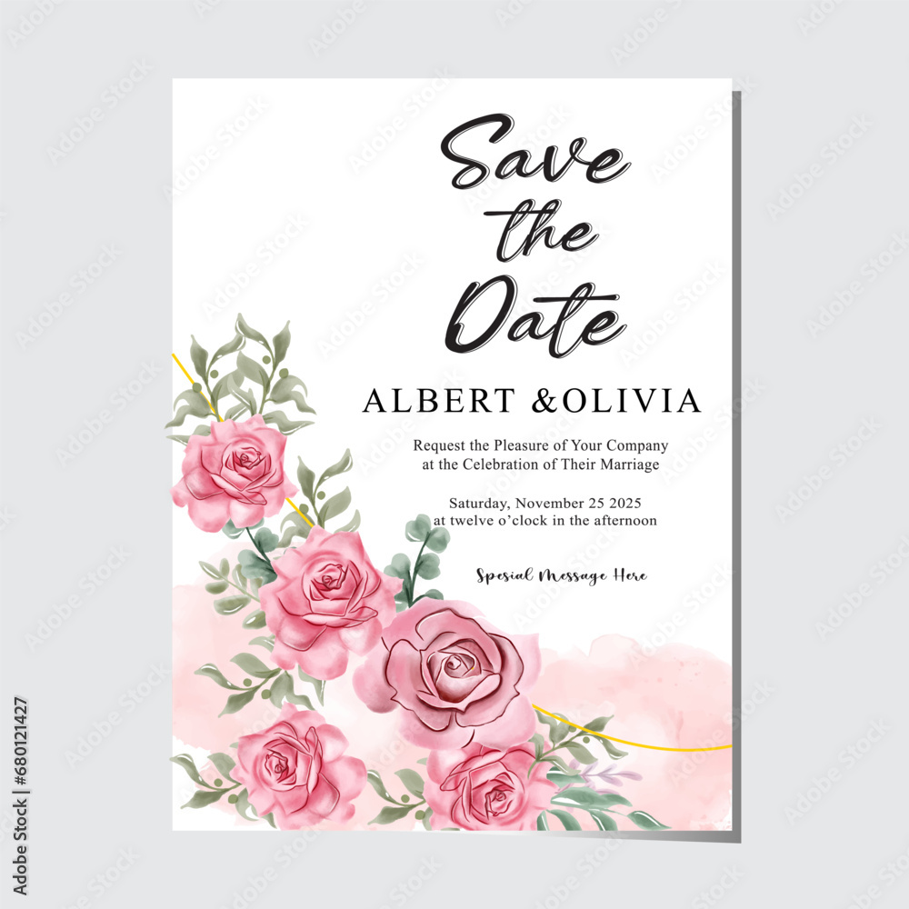 wedding invitation card with pink roses
