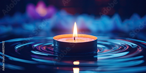 A close-up shot of a candle, Serenity., burning candle in the dark background, providing a soft warm glow of light