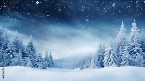 Snowfall in winter forest.Beautiful landscape with snow covered fir trees and snowdrifts.Merry Christmas and happy New Year greeting background with copy-space.Winter fairytale. 