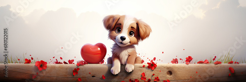 cute cartoon character dog puppy with a red heart on a white background with copy space. Valentine's Day greeting card photo